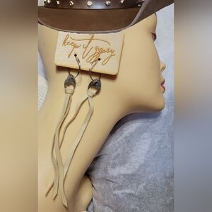 Keep It Gypsy Leather Tassels Dangle Earrings Silver Sand Hoops Rustic Metal